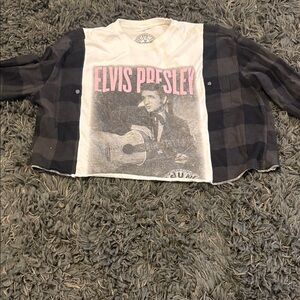 Kids White Graphic Tee with Black Plaid Sleeve Detail